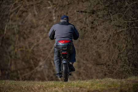 Rear view of a man riding a mountain bike in the forestの写真素材