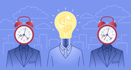 Creativeness In Business. Bizarre idea-manager in city of time. Vector illustration on the subject of 'Success Business'.のイラスト素材
