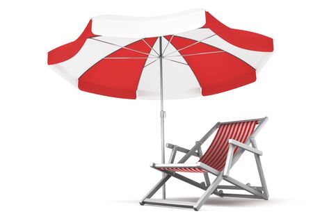 Sea Beach Vacation Spot. Deck chair and parasol isolated on white background. 3D rendered image.の写真素材