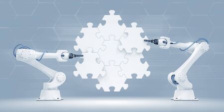 Action Show Of Robotic Manipulators. 3D rendered graphic composition on the subject of 'Industrial Robotics'.の写真素材