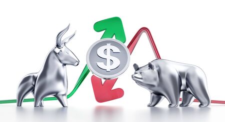 Bullish And Bearish Trends Of The Dollar. Currency coin of the Dollar in between of metallic statuettes of a bull and a bear in front of trending arrows. 3D rendering graphics on white background.の写真素材
