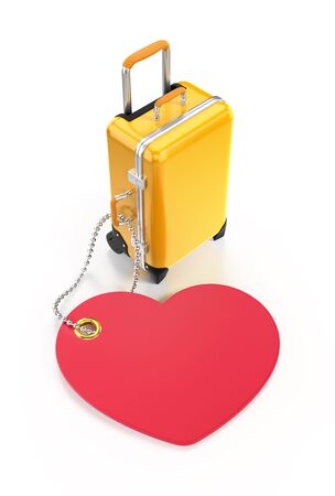 Passion for Travel. Yellow travel siutcase behind of a heart-shaped tag on reflective white background. Graphic mockup / template on the subject of 'Travel and Tourism'. 3D rendered composition.の写真素材