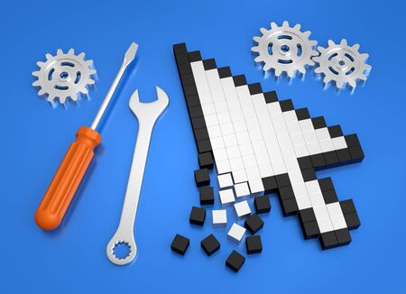 Repairing Computer Crash. Composition on the subject of 'Computer Technical Service'. 3D rendered graphics on blue background.の写真素材