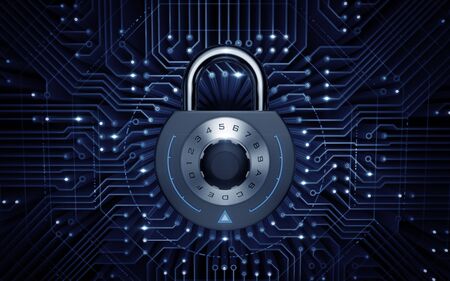 Cyber Security Combination padlock inside of an electronic cyberspace. 3D rendered image.の写真素材