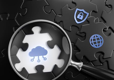 Cloud Search Close-up composition of a magnifyer focusing on a digital cloud symbol surrounded by black colored jigsaw puzzle assembled from hexagonal parts. 3d rendering graphics.の写真素材
