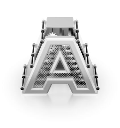 Capital A of Alphabet. Orthographic view at designed in techno-style letter 'A' assemled from mechanical parts on reflective white background. 3d rendering graphics.の写真素材