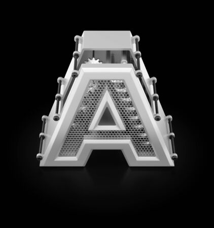 Capital A of Alphabet. Orthographic view at designed in techno-style letter 'A' assembled from mechanical parts on reflective black background. 3d rendering graphics.の写真素材