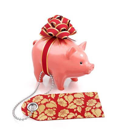Festive Savings Bank. Pink coin bank tied with a gift red bow behind of decorated tag on reflective white background. 3D rendering image.の写真素材