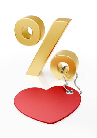 Promo-Mockup for Discounts or Percent Rates. 3D-sign of a percent standing behind of a red heartshaped tag which are both placed on reflective white background. 3D rendering graphics on the theme of Sales and Marketing.の写真素材