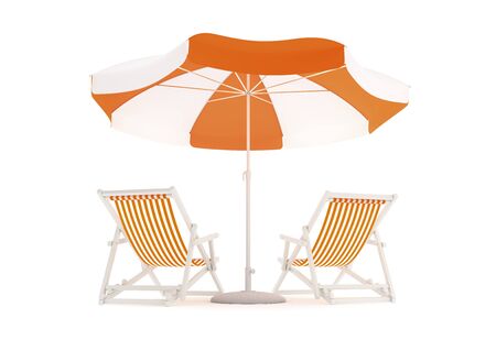 Couple's Vacation Spot. Two deck chairs and a parasol in between of them on white background. 3D rendered image on the theme of Summer Vacation.の写真素材