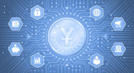 Electronic Currency Of Yuan. Metallic coin with the symbol of Chinese Yuan on it in electronic cyberspace. Graphic template on the subject of Digital Currencies.のイラスト素材