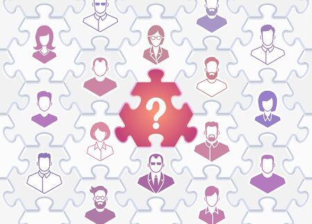 Hot Vacancy. Pictograms of people joined together by pieces of hexagonal jigsaw puzzle and one of them is missing and replaced for a question mark. Illustration on the subject of Job Search.のイラスト素材