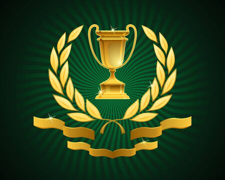 Emblem of an Award Cup. Golden sport prize framed with a laurel wreath and decorated ribbons on green striped background.のイラスト素材