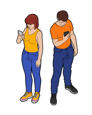 People Using Smartphones. Isometric view at female and male human figures which are holding mobile phones and looking at screens.のイラスト素材