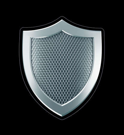 Cybersecurity Shield. Designed in technological style metallic shield isolated on black background. 3D-rendering graphics.の写真素材