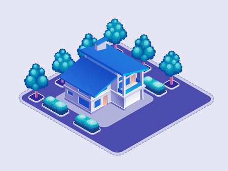 Private House. Isometric view at exterior of a two-storey modern house along with a garden around it. Vector illustration on the theme of Realty.のイラスト素材