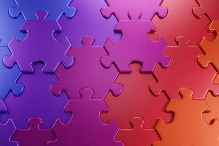 Geometric Pattern of a Jigsaw Puzzle. Close-up view of varicoloured hexagonal pieces of a jigsaw puzzle composed to color gradient from blue to orange. 3D-rendering graphics.の写真素材