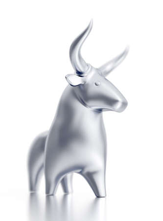 Bull Figurine. Metallic statuette of a cartoon bull standing on white reflective background. 3D-rendering graphics on the theme of Chinese New Year - The Year of the Bull.の写真素材