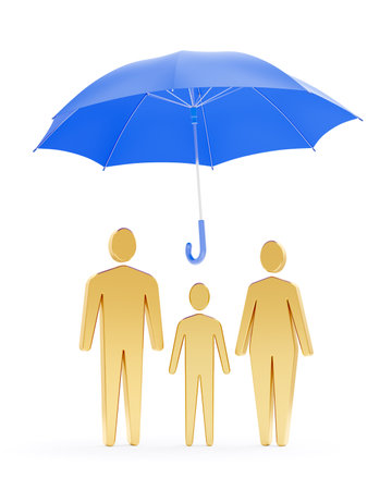 Family Life Insurance. Three symbolic human figures of family members, which are standing under the blue umbrella while it is freely levitating above them in the air. 3D-rendering graphics.の写真素材