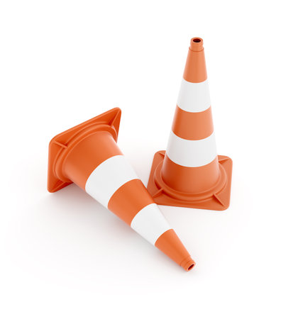 Road Traffic Cones. A couple plastic orange cones with striped white colorations for passive road traffic control. 3D-rendering graphic composition on white background.の写真素材