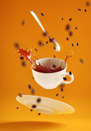 Pure Energy Splash. Levitating coffee set with splashes of pouring out coffee drink in surrounding of scattered coffee beans are hanging in the air on yellow background. 3D rendering graphics.の写真素材