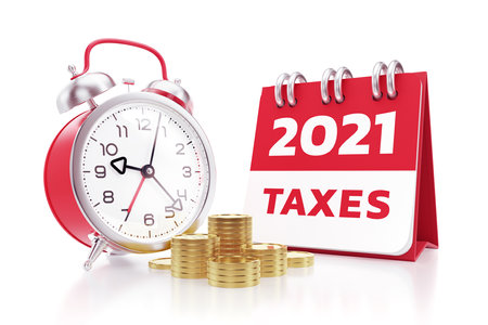 Taxes for 2021. Stacks of coins which are standing in front of an alarm clock beside to a calendar and all of them are on a white surface. 3D rendering graphics on the theme of Tax Scheduling.の写真素材