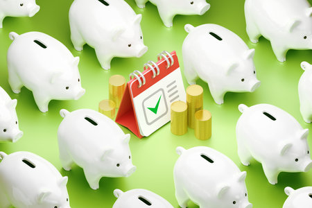 Scheduling of Serial Savings. Personal planner in form of a calendar in composition with coin stacks are in center of arranged to rows coin banks. 3D rendering graphics.の写真素材