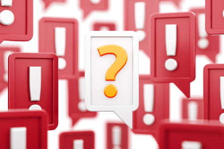Still Have a Question. A question mark in the center of a speech frame among plenty of exclamation marks around it, which are also placed inside of rectangular speech frames. 3D rendering graphics on white background.の写真素材