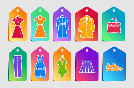 Clothing Pictograms. Two rows of varicolored stickers in the form of price tickets with various pictograms of female clothes. Vector graphics on the theme of Fashion & Lifestyle.のイラスト素材