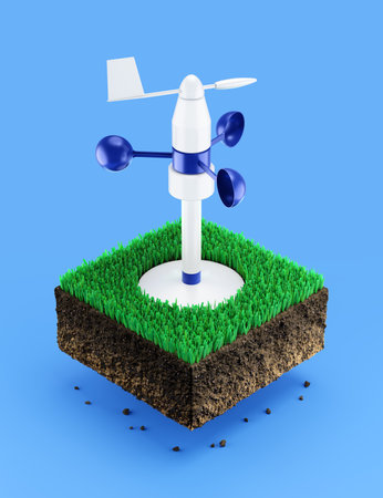 meteo station. A meteorological station fixed on a fragment of ground with growing grass are levitate over a blue background. 3D rendering graphics in perspective projection.の写真素材