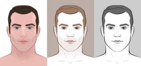 Male portraits. A series of portraits with a young adult male person in various graphic representations: in colors and also as a black-and-white. Created in the form of vector illustrations.のイラスト素材