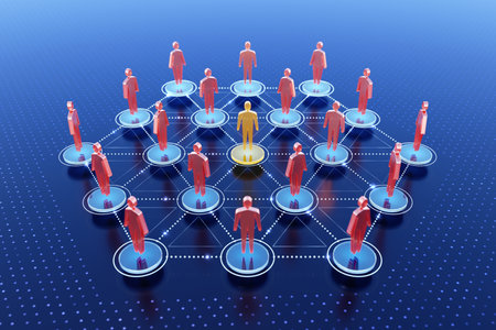social hierarchy. A group of abstract human figures with different genders, which are arranged around one central figure highlighted by yellow. 3D rendering graphics.の写真素材