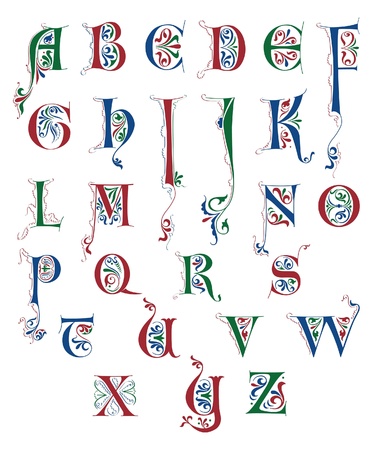 Alphabet in Medieval calligraphic style isolated on whiteのイラスト素材