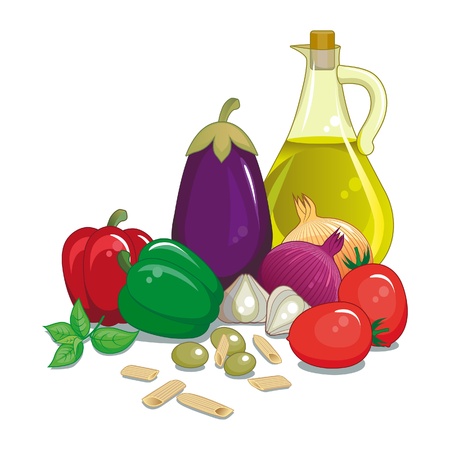 Vegetables Italian Mediterranean with olive oil, basil and pastaのイラスト素材