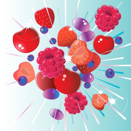Fresh fruit burst of raspberry, strawberry, cherry, blueberry and grapeのイラスト素材