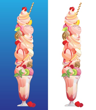 Giant sized ice cream sundae with fresh fruit, candy, nuts and fruit sauceのイラスト素材