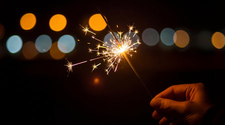Burning sparkler in hand on bokeh background. New Year celebrationの素材