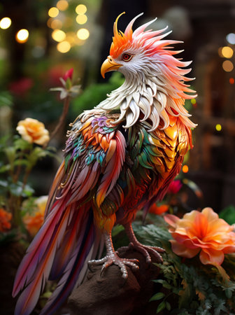 Colorful rooster statue in the garden, Thailand. Selective focus.の素材
