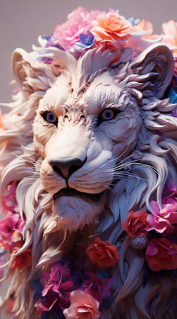 Lion head with pink flowers on a white background, close-upの素材