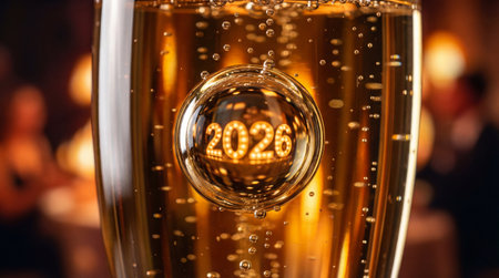 Champagne in a glass with the number 2020 in the center.の素材