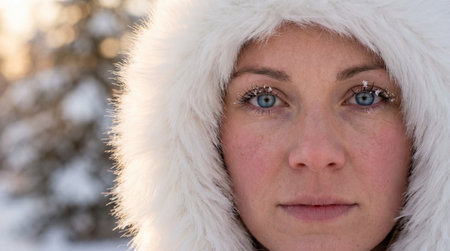 Closeup portrait of a beautiful young woman with blue eyes in winter parkの素材