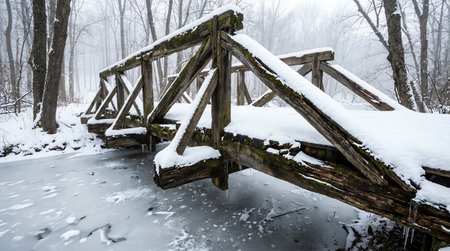 A rustic wooden bridge, blanketed in fresh snow, spans a frozen stream in a serene winter woodland. The trees, also dusted with snow, create a peaceful and cold natural landscape.の素材