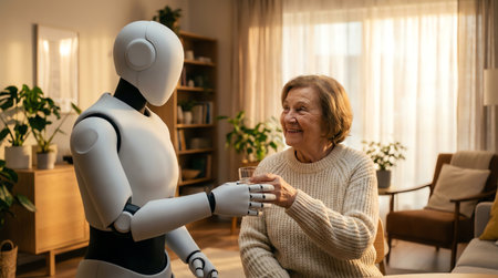 An elderly woman with a warm smile engages in a handshake with a white humanoid robot in a well-lit, comfortable living room, highlighting the integration of AI and robotics into daily life for senior care and support.の素材