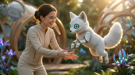 A smiling woman in a futuristic setting reaches out to a white robotic fox with glowing blue eyes, which is playfully leaping towards her in a lush, magical garden filled with exotic plants and soft, warm light.の素材