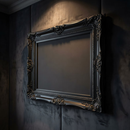 An empty, dark, ornate picture frame hangs on a textured, dark wall, illuminated by a single spotlight from above, creating a dramatic and mysterious atmosphere.の素材