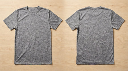 A top-down shot showcasing both the front and back of a simple gray short-sleeved t-shirt, neatly laid out on a light brown wooden surface, perfect for apparel mockups or clothing designs.の素材