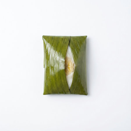 A close-up shot of a traditional Indonesian snack, possibly Nagasari or Lemet, beautifully wrapped in a vibrant green banana leaf, presented on a clean white background. The natural packaging adds an authentic and rustic touch to this delicious treat.の素材