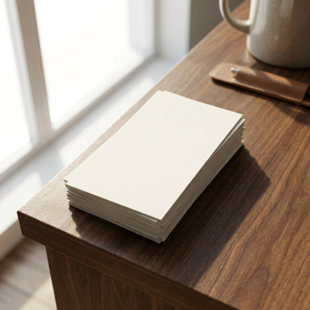 A neatly stacked pile of blank white business cards rests on a polished wooden desk, illuminated by natural light from a nearby window. A ceramic mug and a pen are visible in the background, suggesting a workspace or home office setting.の素材