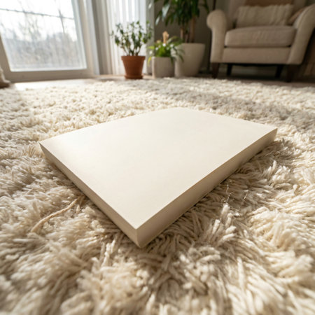 A low-angle shot of a white rectangular object resting on a thick, shaggy, light-colored carpet. The background shows a bright room with a window and some furniture, suggesting an indoor setting.の素材