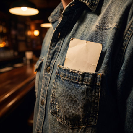 A close-up shot of a mans denim shirt pocket, revealing a blank piece of paper tucked inside. The background shows a blurred, dimly lit bar interior, suggesting a casual and relaxed atmosphere.の素材